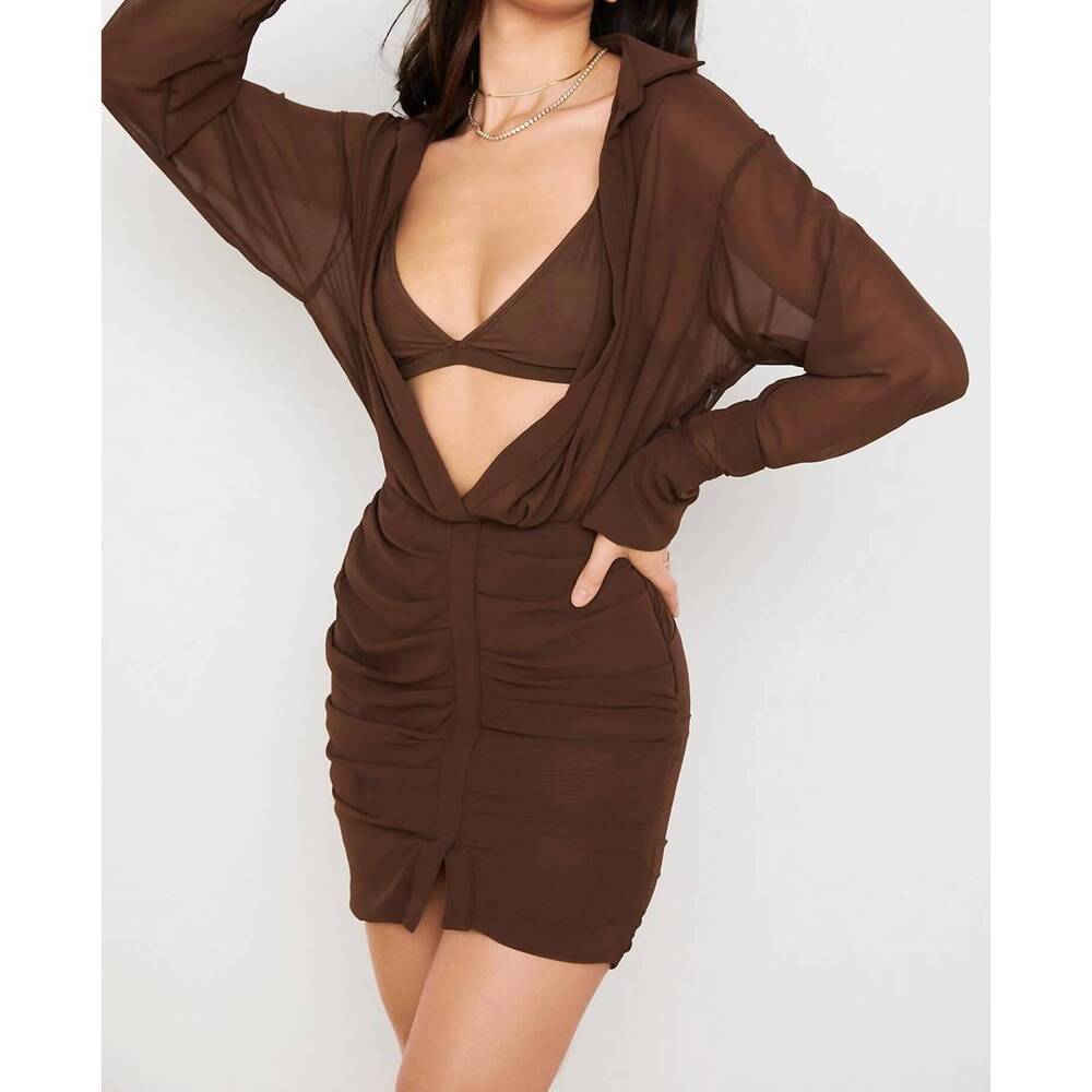 NEW HOUSE OF CB deep v-neck puff skirt mini dress in brown - Picture 4 of 5